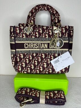 Dior Burgundy and Cream Logo Mini Tote with Gold Hardware